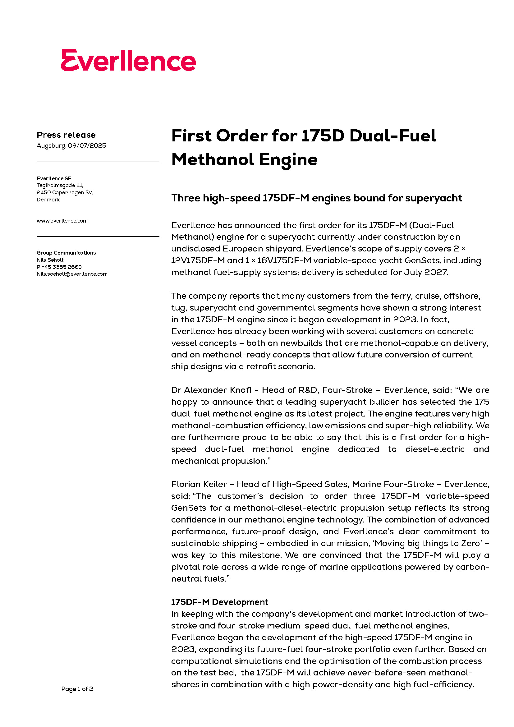 First Order for 175D Dual-Fuel Methanol Engine
